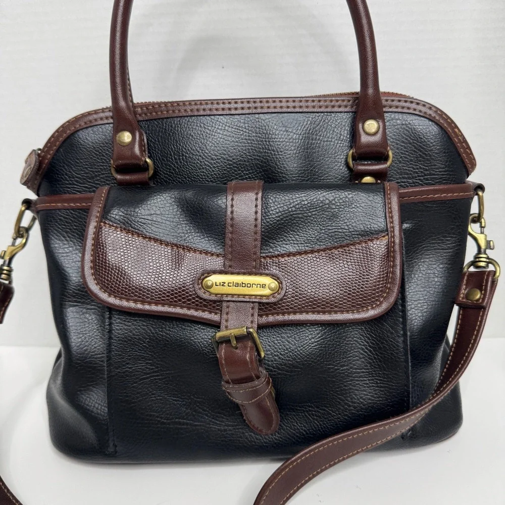 Liz Claiborne Black Brown Pebble Grain Satchel Crossbody Bag Brass Hardware